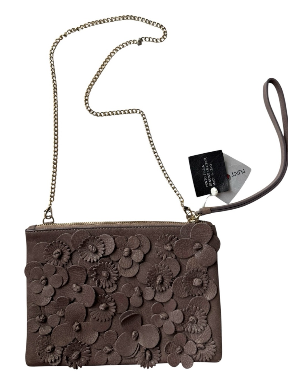 New Punto Fibbia Italy genuine leather shoulder purse bag wristlet 3d flowers